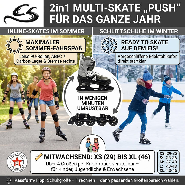 Cox Swain Push 2in1 Inliner &amp; Schlittschuhe - Grössenverstellbare Kombi Skates &amp; Eislaufschuhe für K
