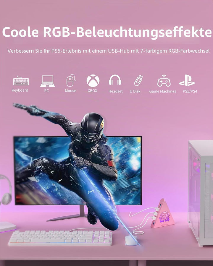 7-Port USB 3.0 Hub, RGB USB Hub mit RGB Baumlicht und 0,6m Kabel, USB Hub 3.0 Rosa USB Expander für