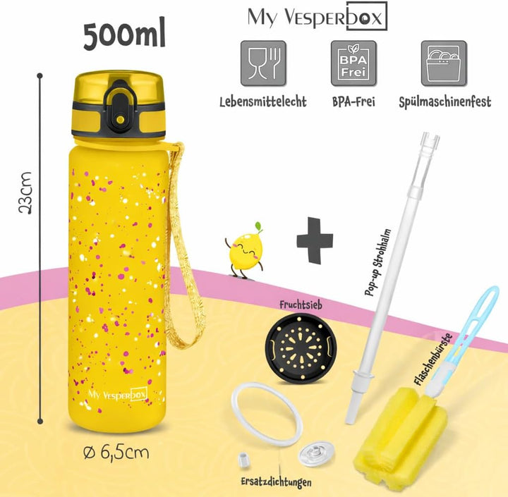 My Vesperbox – Minny - Kinder Trinkflasche auslaufsicher – 350ml, 500ml, 750ml – mit Strohhalm oder