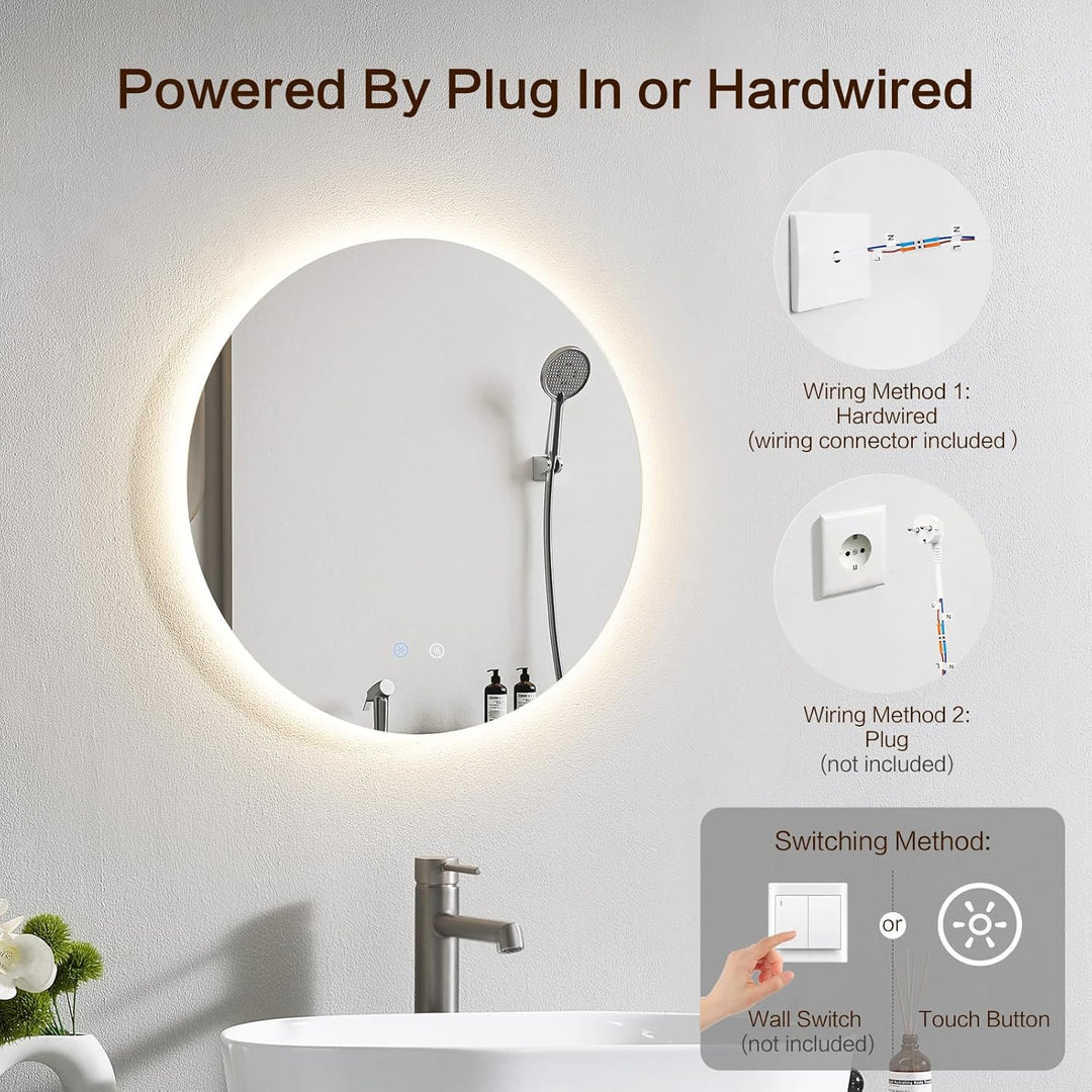 Badspiegel mit Beleuchtung Rund, Wandmontage, Touch-Schalter, LED Spiegel mit 3 Lichtfarben Dimmbar,