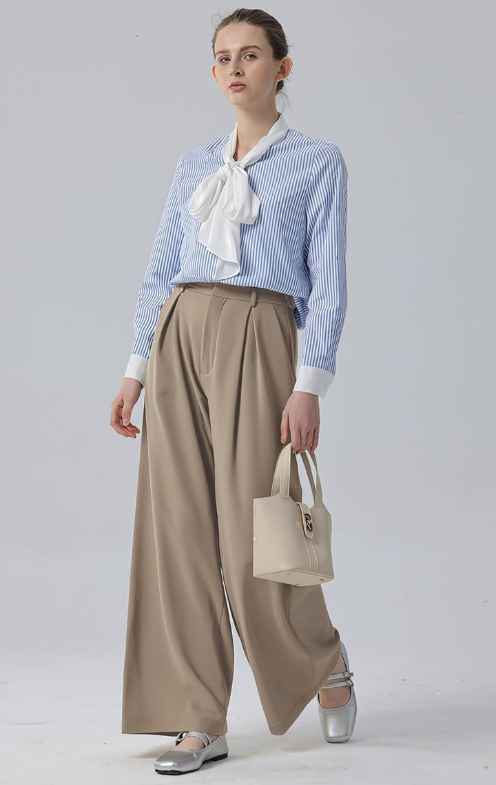 Tronjori Damen Hose Weites Bein Frauen Lange Hose mit Taschen Einfarbig Lose elastische Hohe Taille