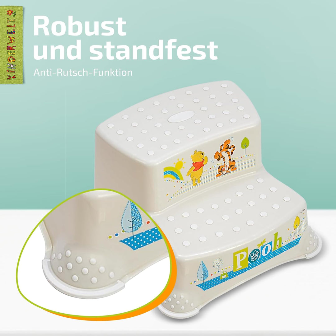 KiNDERWELT Premium zweistufiger Tritthocker für Kinder und Babys, Winnie Puuh Design in Weiss, Tritt
