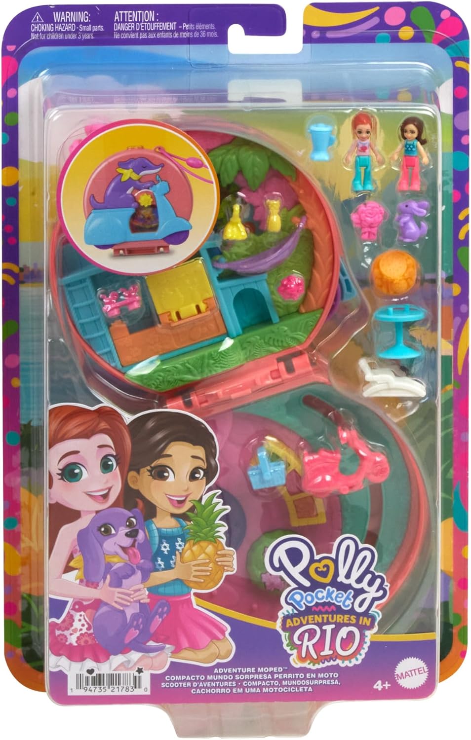 Polly Pocket-Puppen und Spielset, Adventure Moped-Schatulle, Reisespielzeug mit 2 kleinen Puppen und