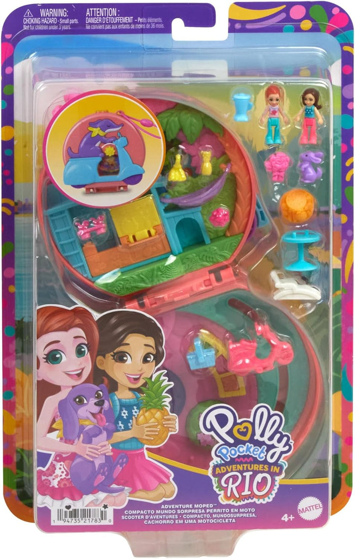 Polly Pocket-Puppen und Spielset, Adventure Moped-Schatulle, Reisespielzeug mit 2 kleinen Puppen und