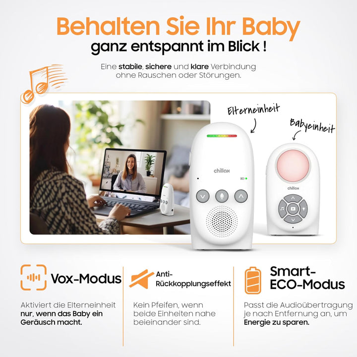 CHILLAX - Audio-Babyphone CB210 - DECT - VOX & Smart Eco Modus - Gegensprechfunktion - Geräuschpegel