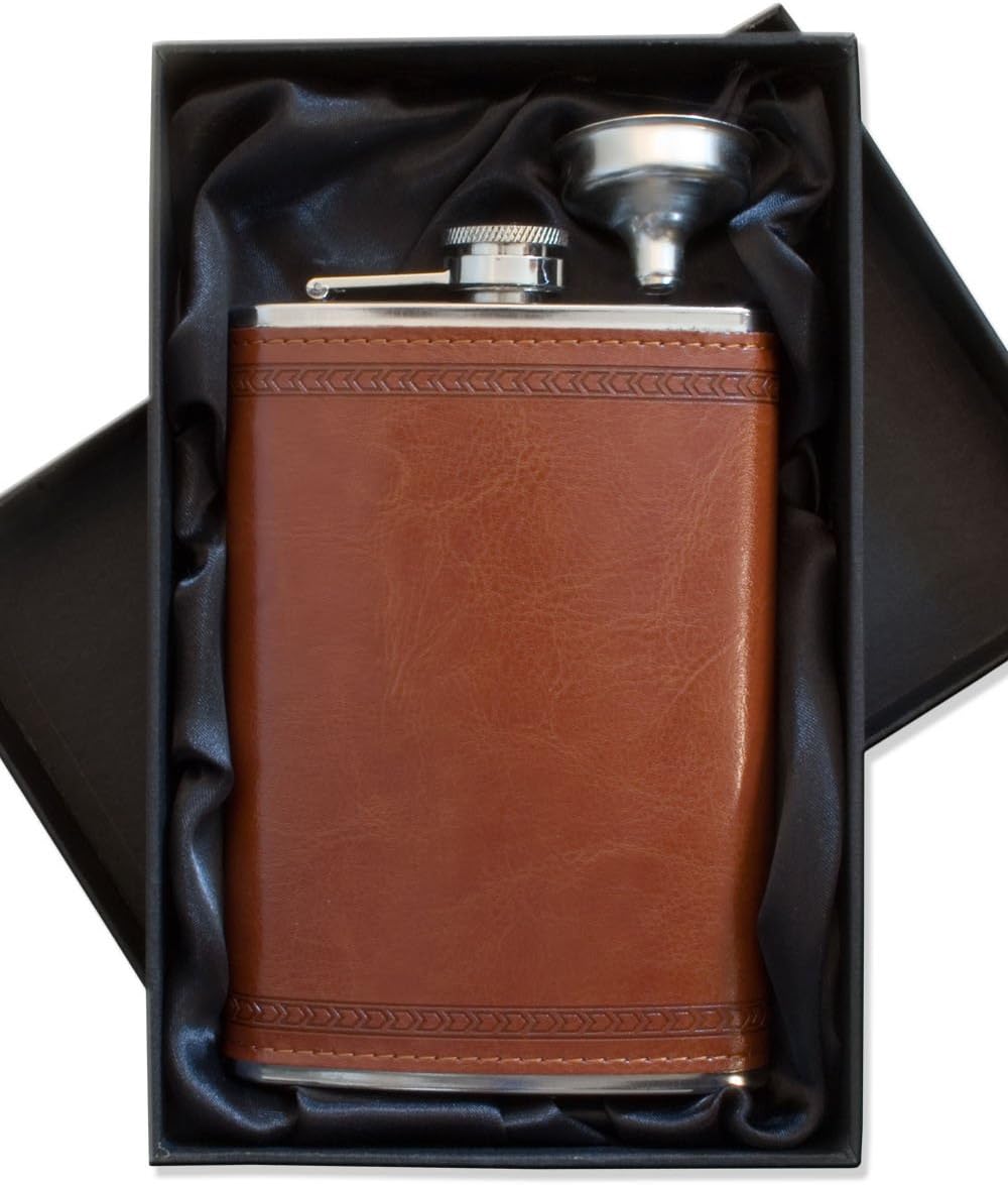 Edelstahl Flachmann 260ml mit edlem Leder-Design, Trichter & Geschenkbox, schwarz