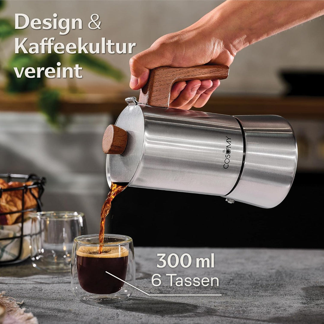 Cosumy Espressokocher Induktion für alle Herdarten geeignet - Mokkakanne Edelstahl 6 Tassen und FSC