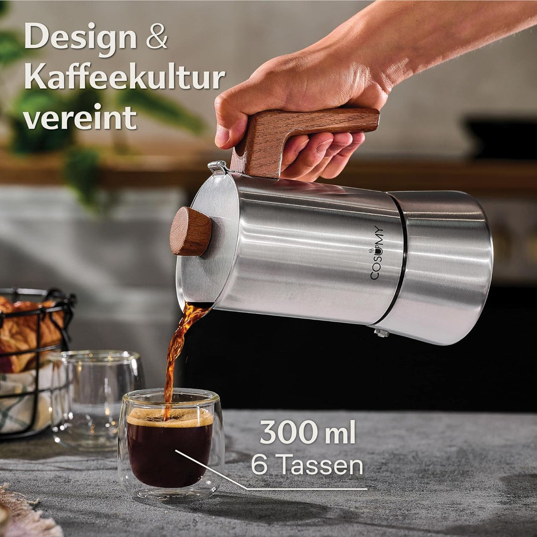 Cosumy Espressokocher Induktion für alle Herdarten geeignet - Mokkakanne Edelstahl 6 Tassen und FSC
