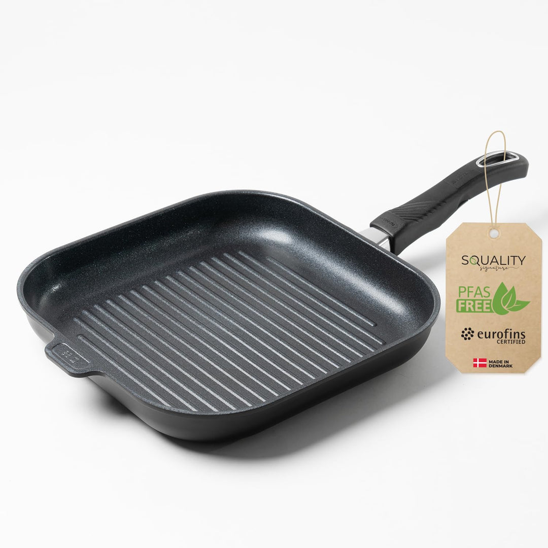 Premium Grillpfanne Induktion 28x28 cm – PFAS freie Antihaft Pfanne aus Dänemark | Ofenfest bis 260