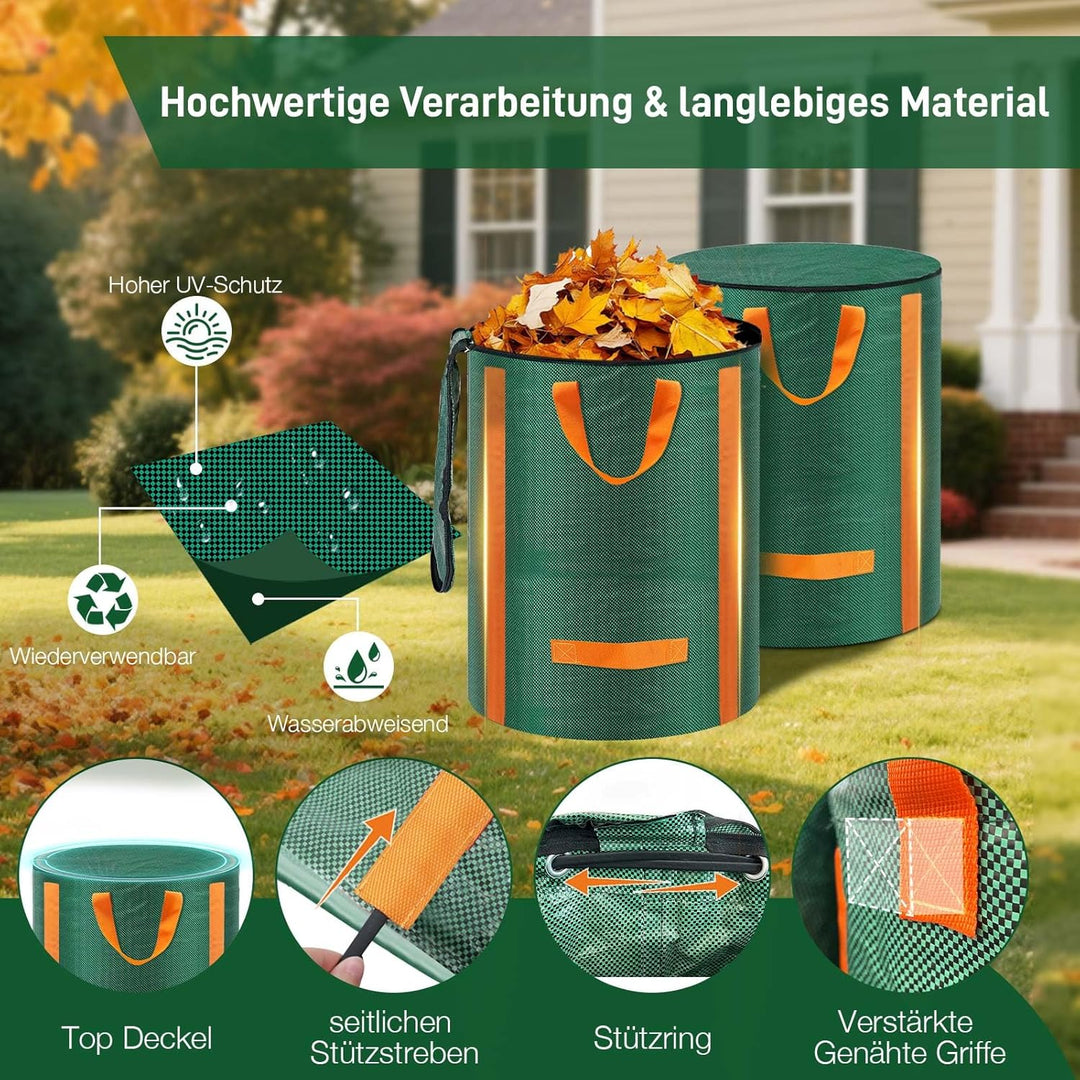 3x Gartenabfallsack stabil 120L - Selbststehend Gartensack Laubsack mit Deckel, Wiederverwendbar Grü