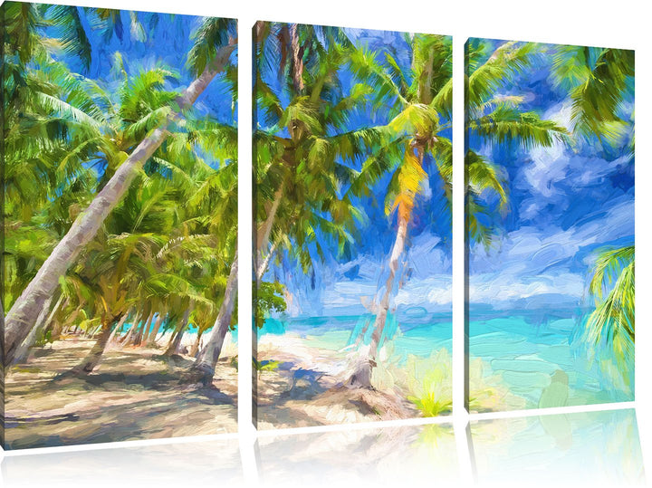 Pixxprint Traumstrand mit Palmen Pinsel Effekt 3-Teiler Leinwandbild 120x80 Bild auf Leinwand