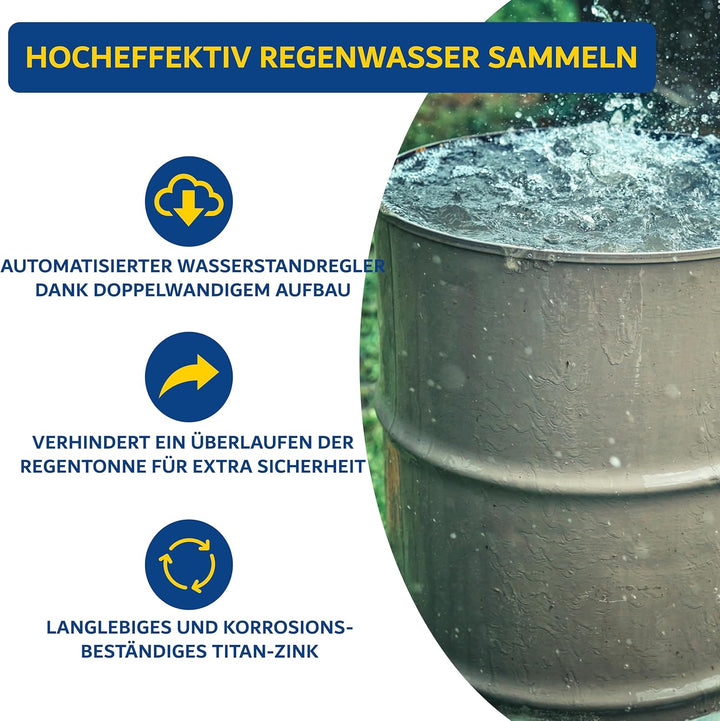Premium Zink Regenwassersammler 80 mm mit Schlauch- und Fassanschluss für das Fallrohr - Titanzink R