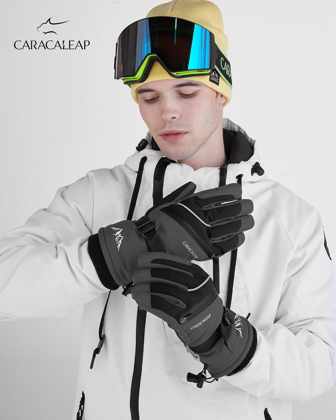 Caracaleap Skihandschuhe Männer Frauen Schnee Handschuhe Winddicht Winter Wasserdicht L Grau, L Grau