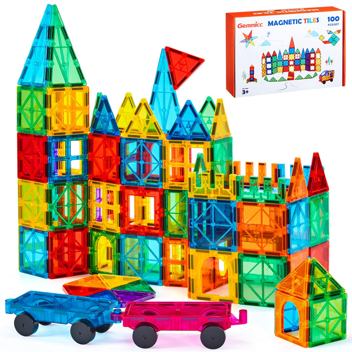 Gemmicc Magnetische Bausteine 100-teilig mit 2 Autos, STEM-zertifiziertes edukatives Magnetspielzeug