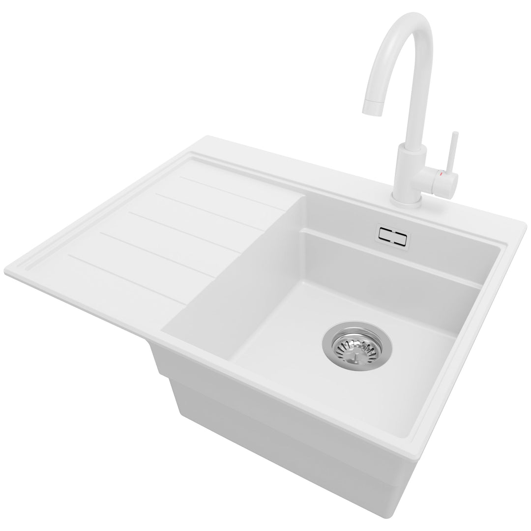 Spülbecken Weiss 62x50 cm, Granitspüle + Ablauf-Set + Küchenarmatur 5000, Küchenspüle für 40er Unter