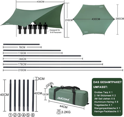 JAICOM Tarp 3,7 x 4,3 Wasserdicht, Ultraleicht Zeltplane Mit Stützstangen, Ösen, Aluminiumstiften, N