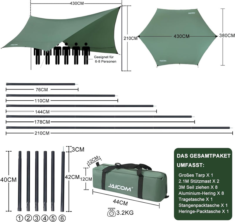 JAICOM Tarp 3,7 x 4,3 Wasserdicht, Ultraleicht Zeltplane Mit Stützstangen, Ösen, Aluminiumstiften, N
