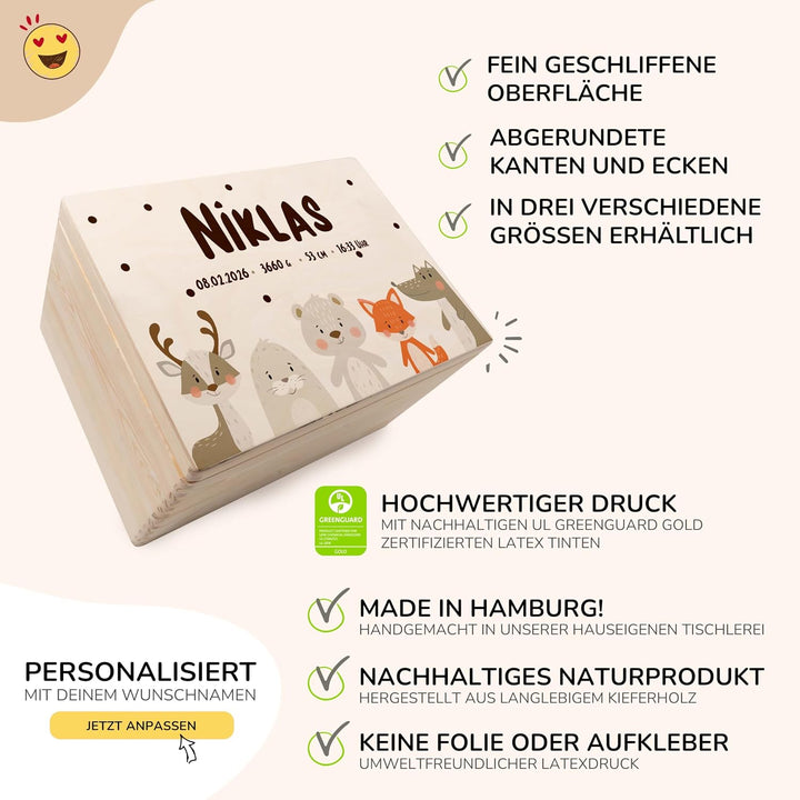 KIDSMOOD - Erinnerungsbox Baby, personalisierte Holzkiste mit Deckel, Ideal zur Aufbewahrung von Eri
