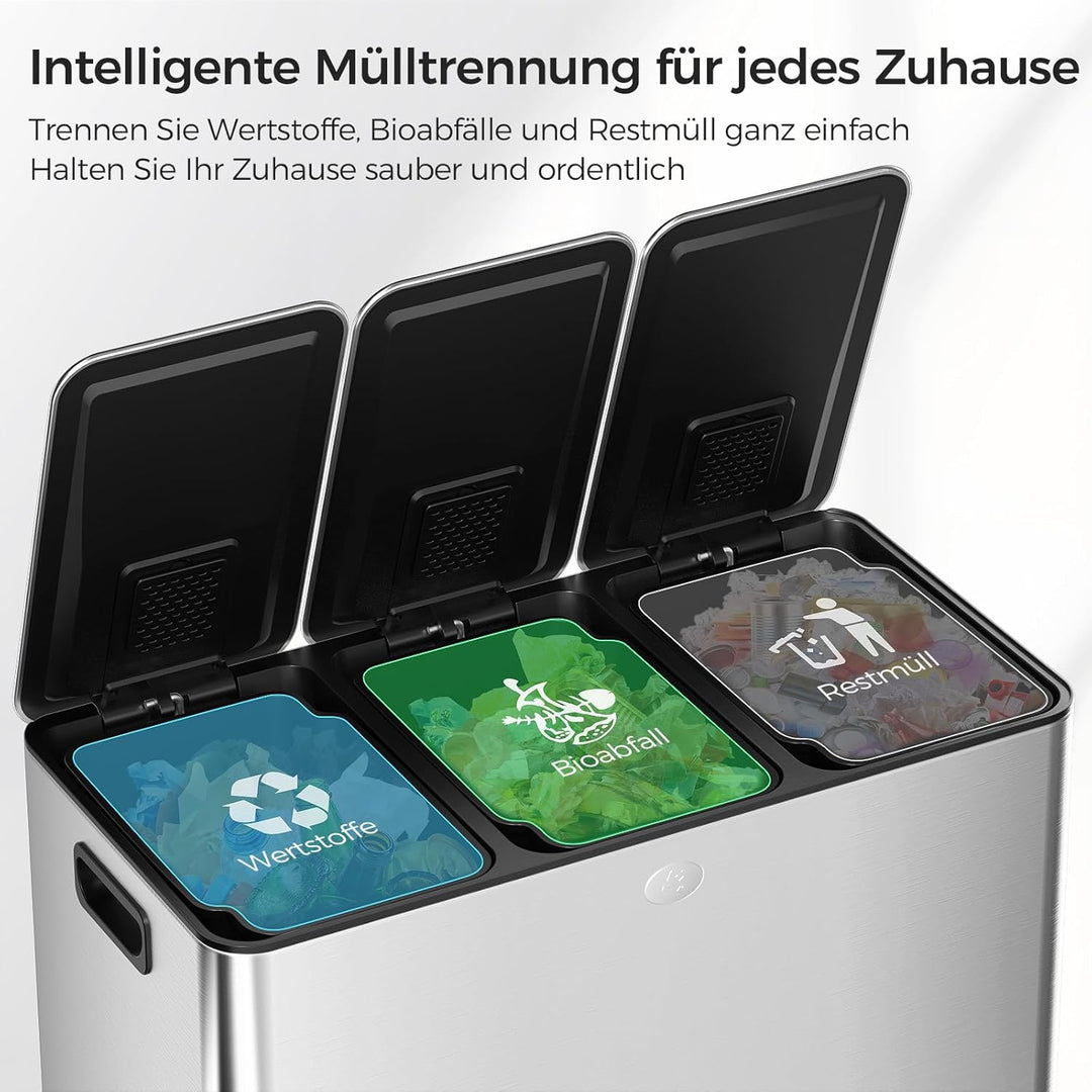 YASHE 45L Mülleimer Küche, 3-Fach Abfalleimer mit Pedalen aus Edelstahl mit 20 Müllbeuteln und Herau
