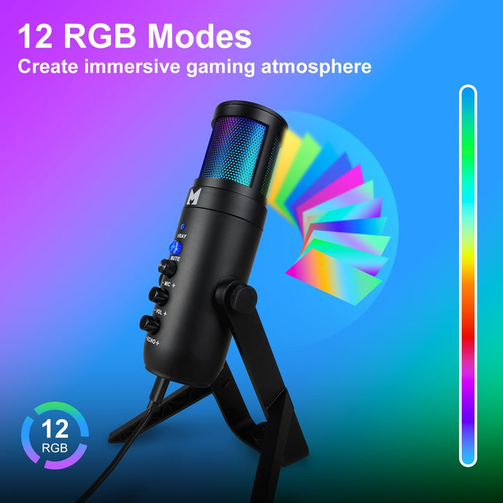 USB Mikrofon PC, Gaming Mikrofon für Streaming Podcast Voiceover, USB C Kondensator Mikrofon mit RGB