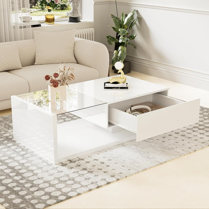 Merax Wohnzimmertisch, LED Couchtisch mit Schubladen, Hochglanz Kaffeetisch mit Stauraum, Modern Cof