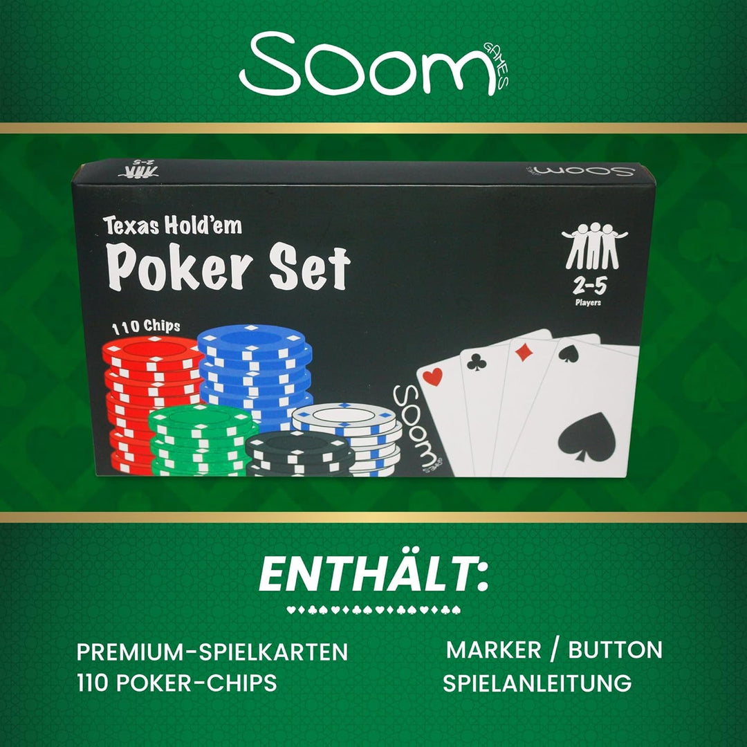 Poker Set - Enthält Pokerspiel 110 Chips Perfekt für 2-5 Spieler, Poker Chips Set, Spielkarten, Deal