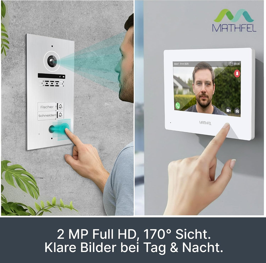 Mathfel 2-Draht Video Türsprechanlage mit RFID – WLAN Monitor, 2MP HD Kamera, 170° Weitwinkel, Türkl