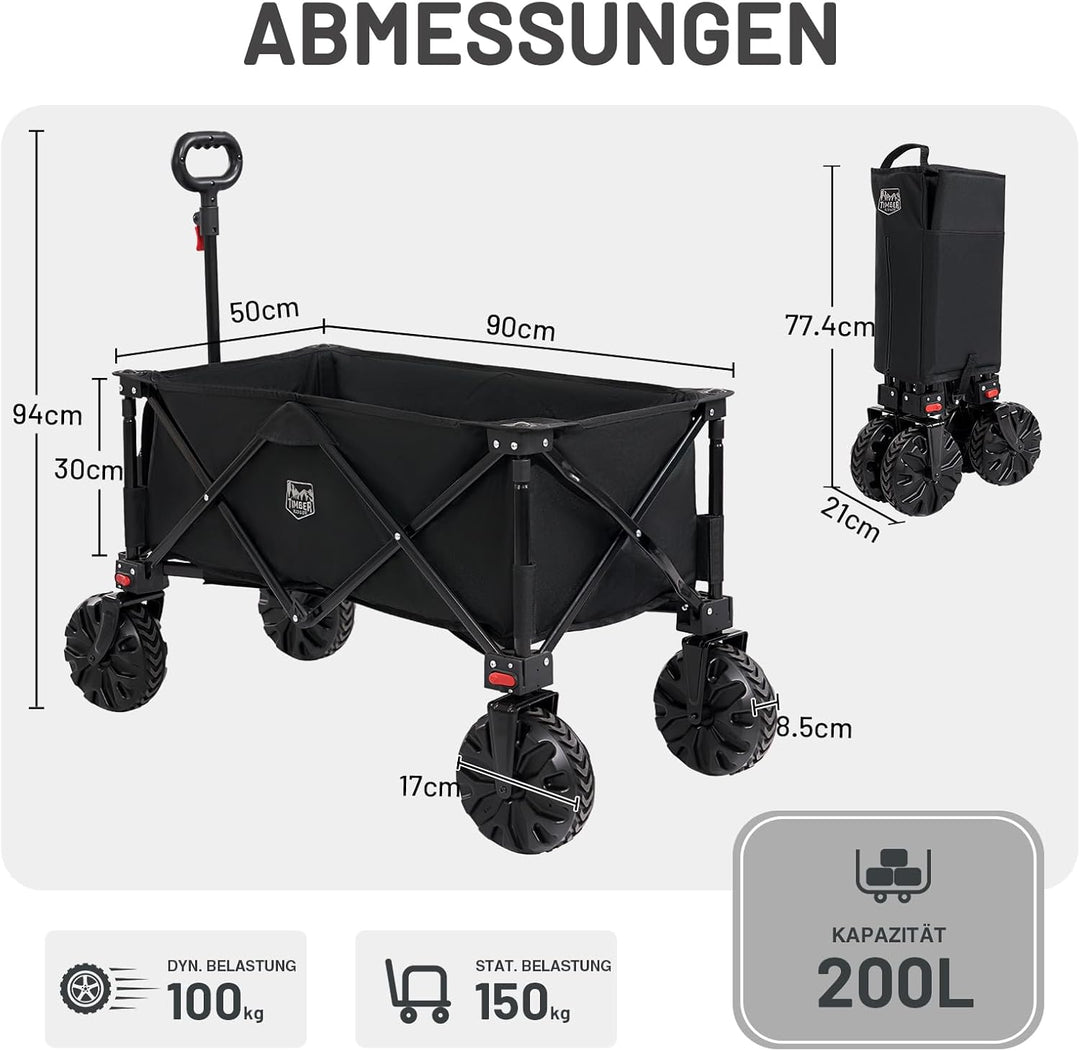 TIMBER RIDGE XXL Bollerwagen Faltbar 200L Breite Reifen Strandwagen Klappbar mit Bremsen Seitentasch