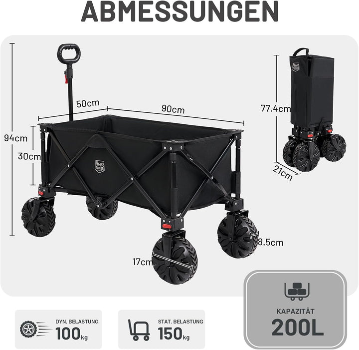 TIMBER RIDGE XXL Bollerwagen Faltbar 200L Breite Reifen Strandwagen Klappbar mit Bremsen Seitentasch