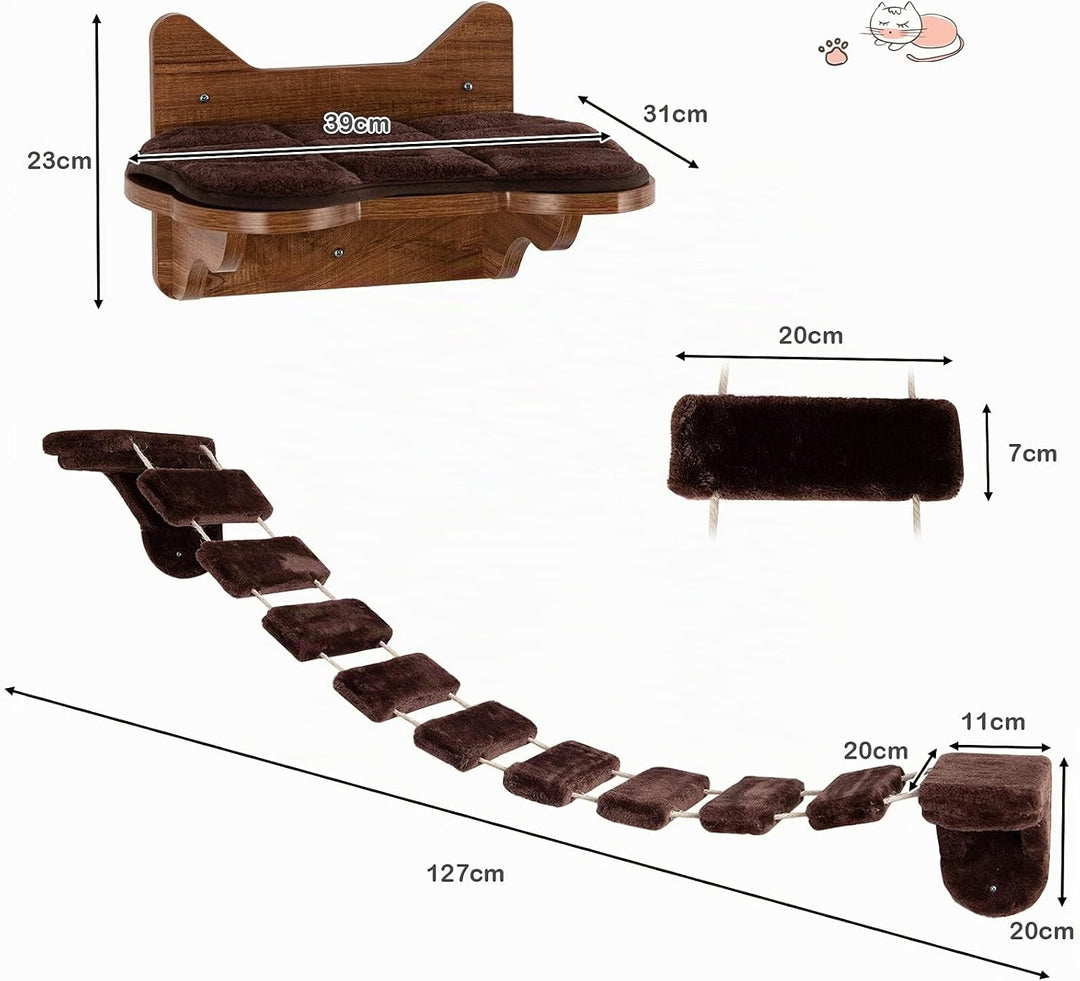 COSTWAY Kletterwand Katzen, 2 in 1 Katzenbrücke und Katzenliege, Katzenhängematte Wand Set, Hängebrü