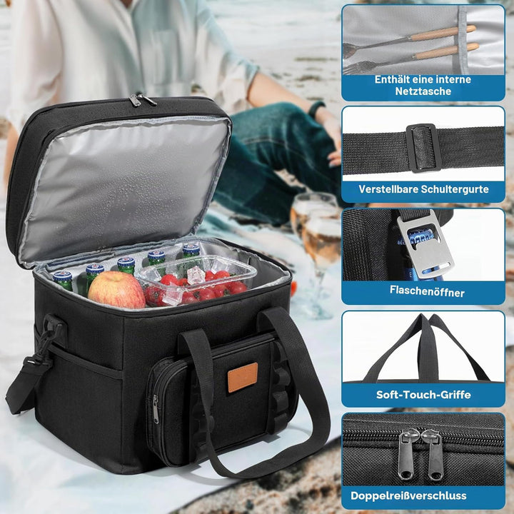 Kühltasche, 30.7L Doppel-Kühltasche Gross Faltbar, Thermotasche Hält Warm & Kalt, Picknicktasche mit