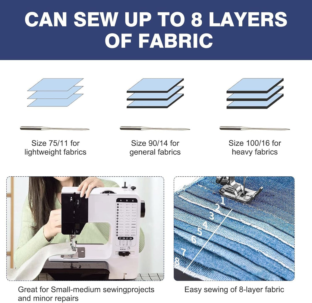 Mini Nähmaschine piqueuse Hochleistungs mit 38 integrierten Stichen, Nähmaschine mit ausziehbarem Ar
