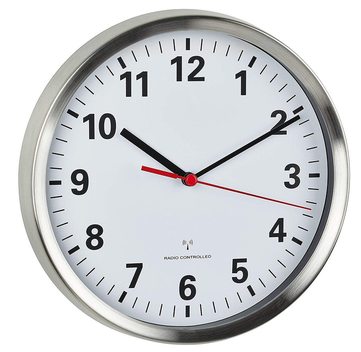 TFA Dostmann Funkwanduhr, mit geräuscharmen Sweep Uhrwerk, Glas, leise, analoge Wanduhr, edelstahl/w