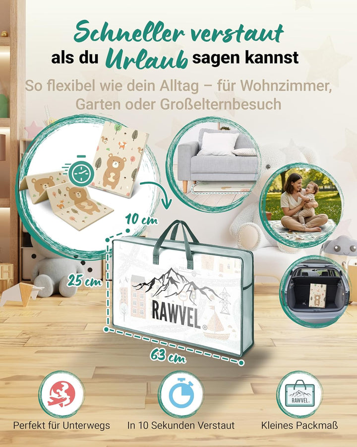 RAWVEL Krabbelmatte baby faltbar [127x127cm / 1cm Dick] Spielmatte Baby faltbar [100% BPA-Frei] Spie