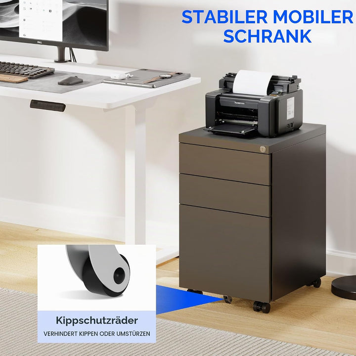 FLEXISPOT Rollcontainer mit 3 Schubladen, mobiler Aktenschrank mit Rollen, Schubladenschrank Bürosch