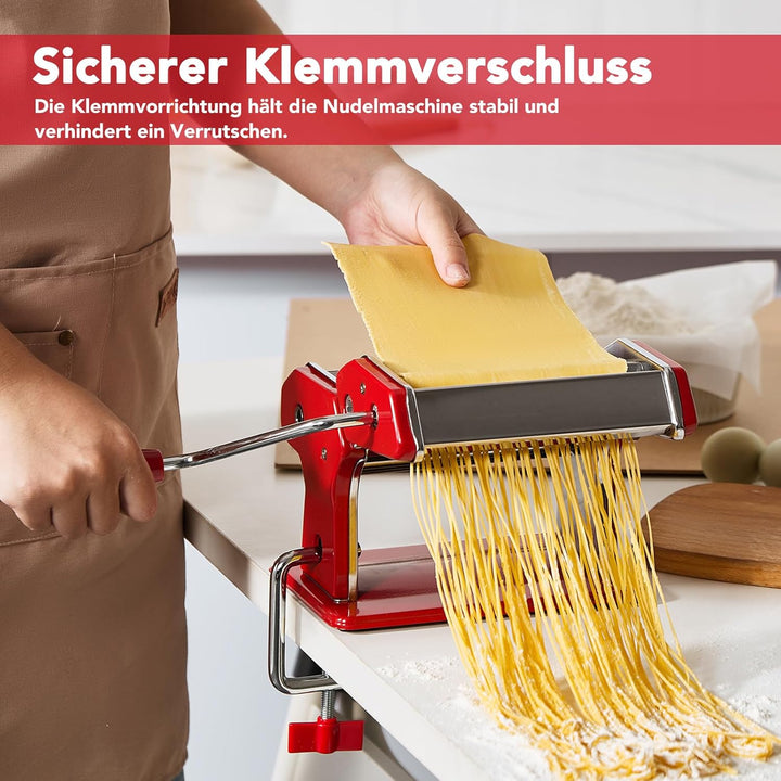 Pastamaschine aus Edelstahl, manuelle Nudelmaschine mit 9 Teigstärken & 2 Schnittbreiten für Spaghet