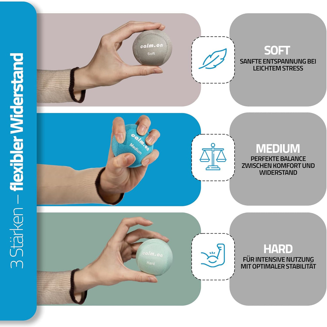 Calm.on, Anti Stress Bälle, Stressball, Handtrainer und Fingertrainer in 3 Stärken und Farben, Stres