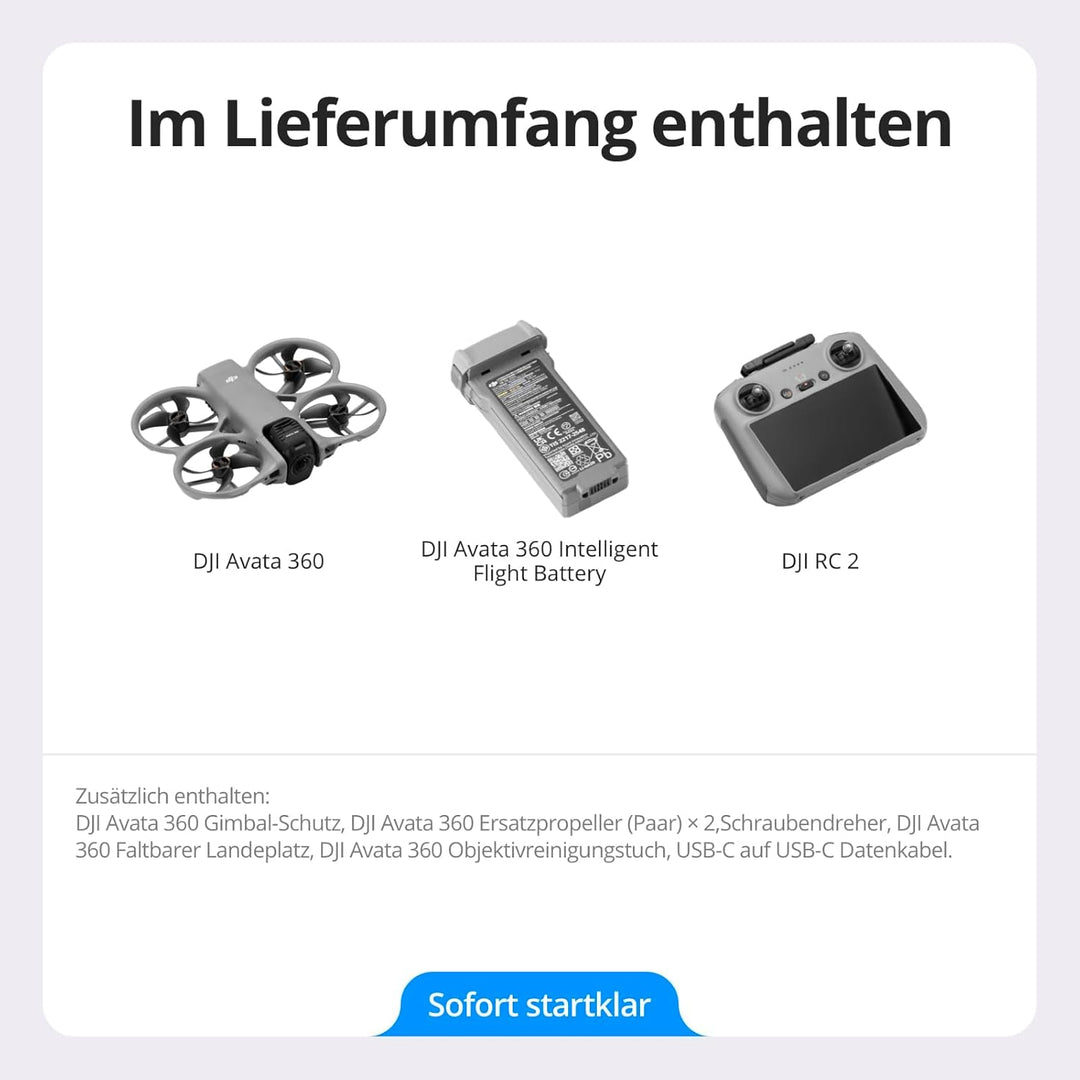 DJI Avata 360 (RC 2) mit Zubehör, 360°-Drohne mit 1-Zoll-8K-Imaging für FPV- und Luftaufnahmen, 360°