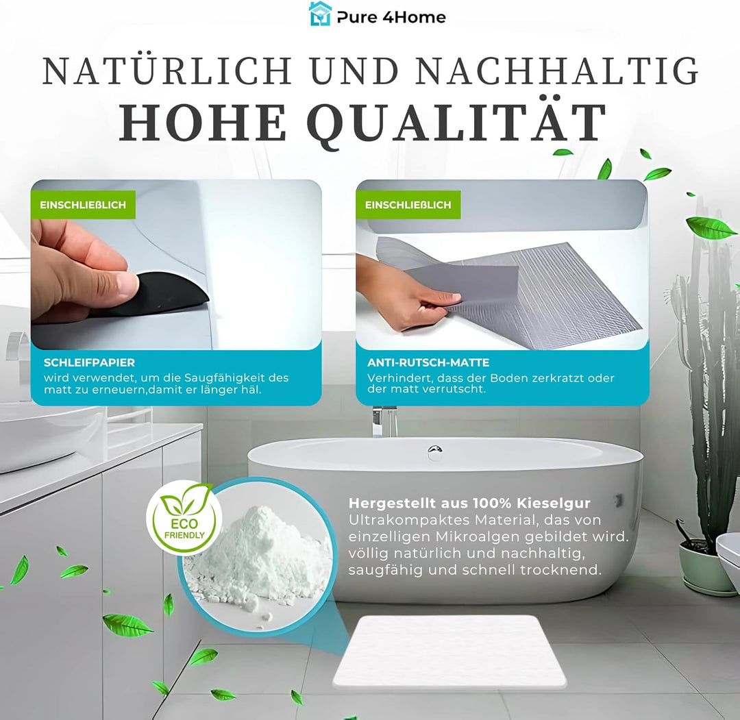 Pure 4Home Steinmatte Badezimmer rutschfest aus Kieselgur 40 x 30 cm | Duschvorleger Schnelltrocknen
