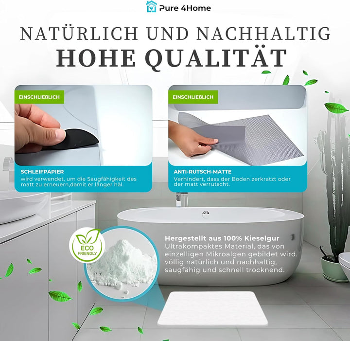 Pure 4Home Steinmatte Badezimmer rutschfest aus Kieselgur 40 x 30 cm | Duschvorleger Schnelltrocknen