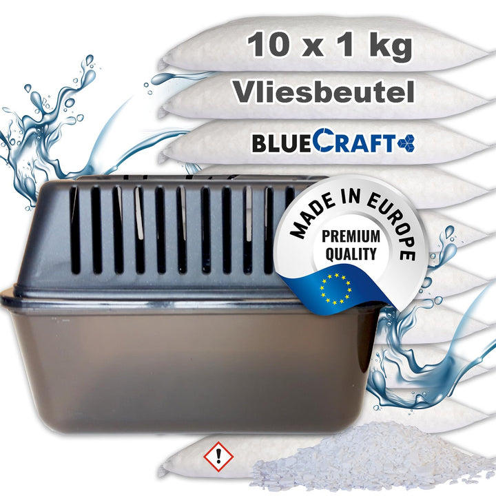 Bluecraft - Raumentfeuchter Box Feuchtigkeitskiller + 10x 1 kg Luft-Entfeuchter Granulat im Vliesbeu
