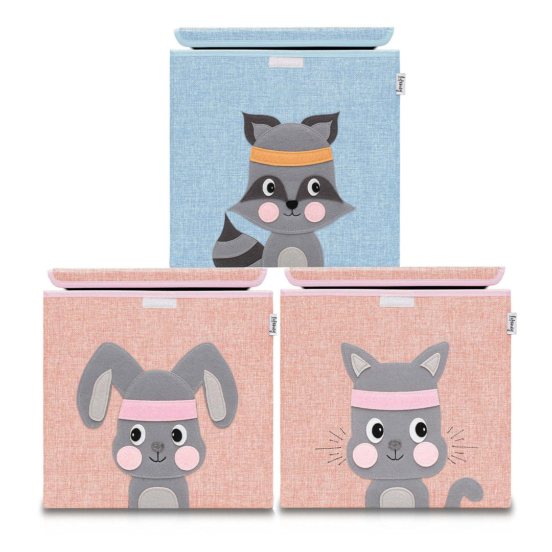 Aufbewahrungsbox mit Deckel im 3er Set Katze, Waschbär und Hase I Dreierpack Spielzeugbox mit Tiermo