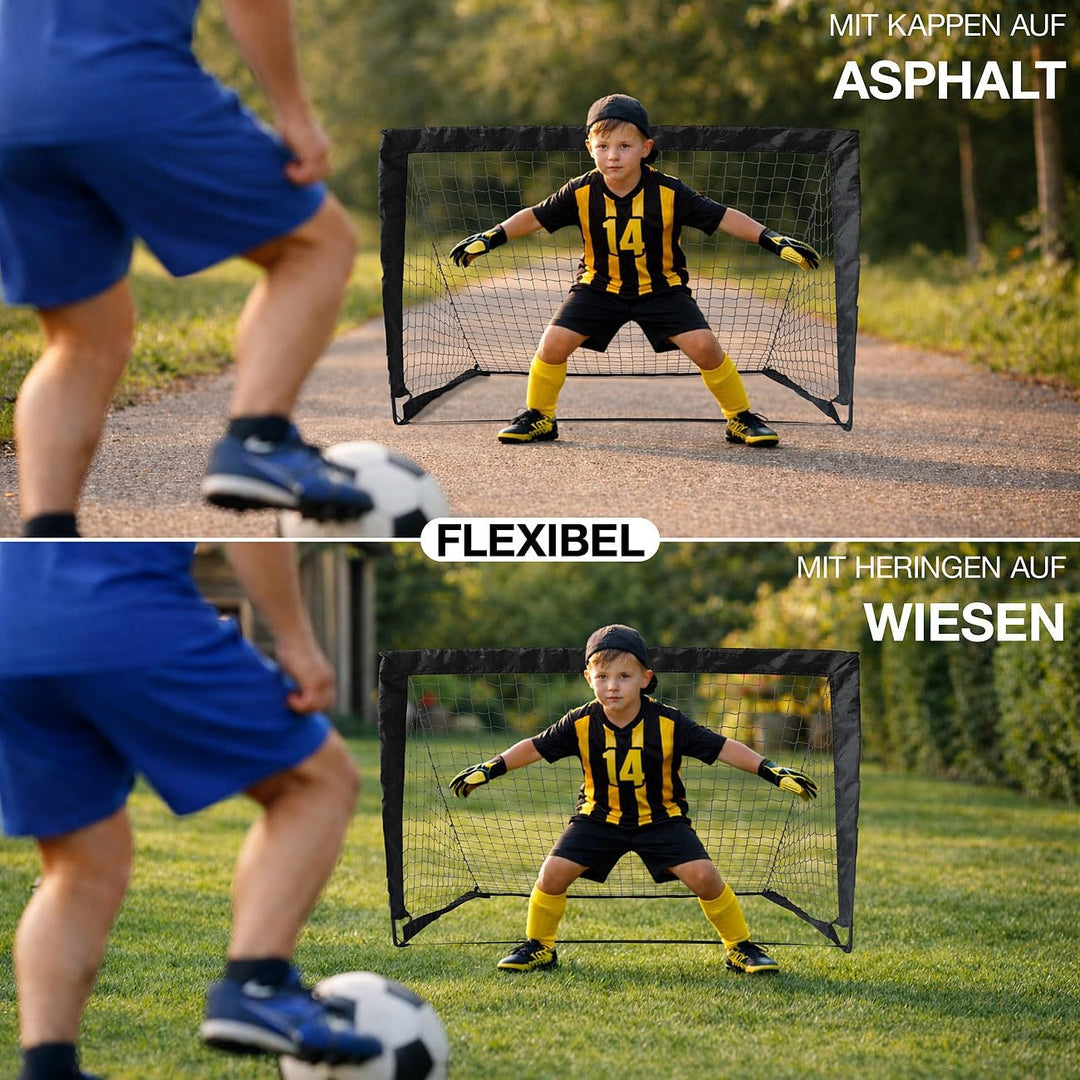 PEARL Sports Kinderfussballtor: 2er-Set Faltbare Kinder-Pop-up-Fussballtore, Outdoor, mit Tragetasch