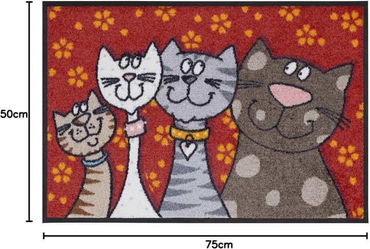 Salonloewe Fussmatte waschbar Katzenfamilie 50x75 cm HausTür-Eingangs-Matte lustig rot-bunt Tiere Fu