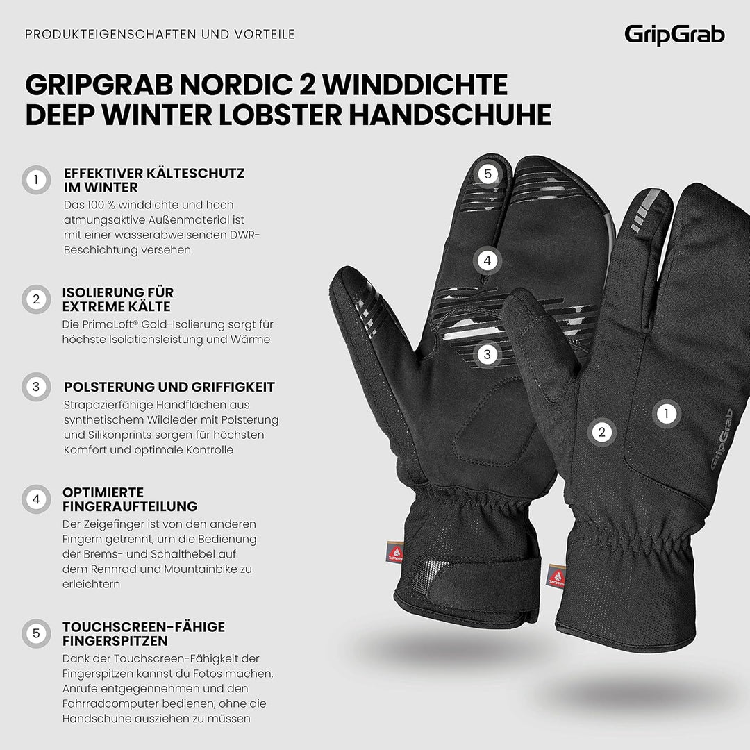 GripGrab Nordic 2 Winddichte Deep Winter 3-Finger Lobster Fahrradhandschuhe Gepolsterte Primaloft Ra