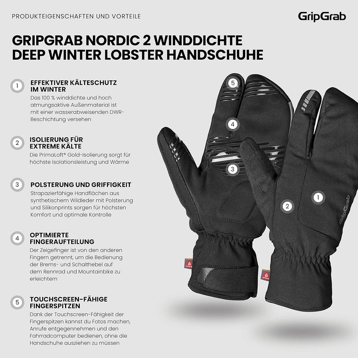 GripGrab Nordic 2 Winddichte Deep Winter 3-Finger Lobster Fahrradhandschuhe Gepolsterte Primaloft Ra