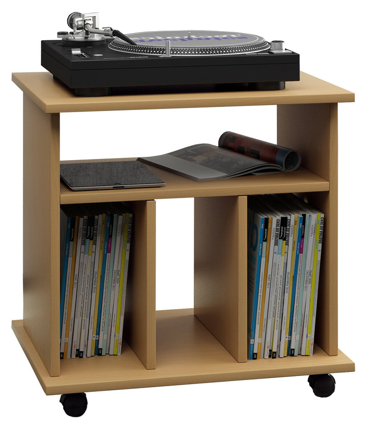 VCM Holz Schallplatten LP Regal Schrank Mediaregal Aufbewahrung rollbar Rollen Retal Buche, Buche