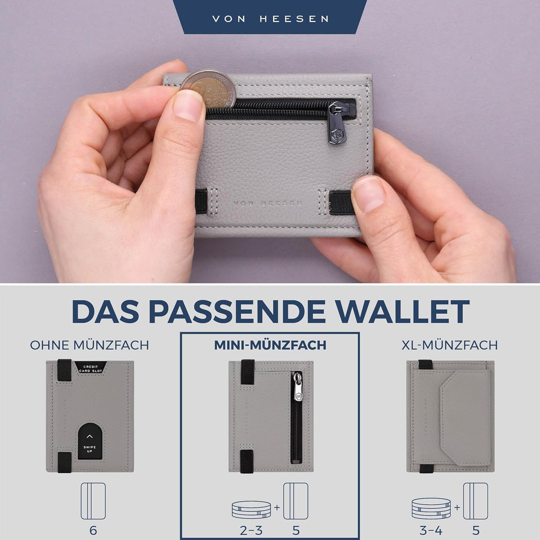 VON HEESEN Slim Wallet mit Münzfach & RFID-Schutz - Leder Geldbeutel - Mini Geldbörse für Herren und