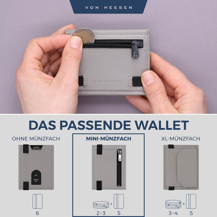 VON HEESEN Slim Wallet mit Münzfach & RFID-Schutz - Leder Geldbeutel - Mini Geldbörse für Herren und