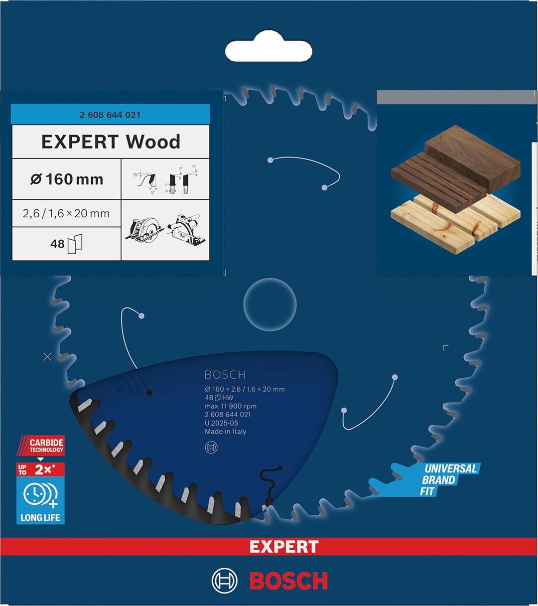 Bosch Professional 1x Kreissägeblatt Expert for Wood (Holz, Sägeblatt Ø 160 x 20 x 2,6 mm, 48 Zähne,